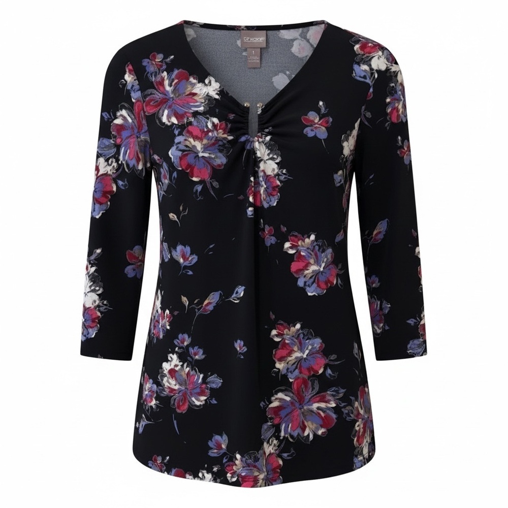 Chicos black floral tunic top, size 1
